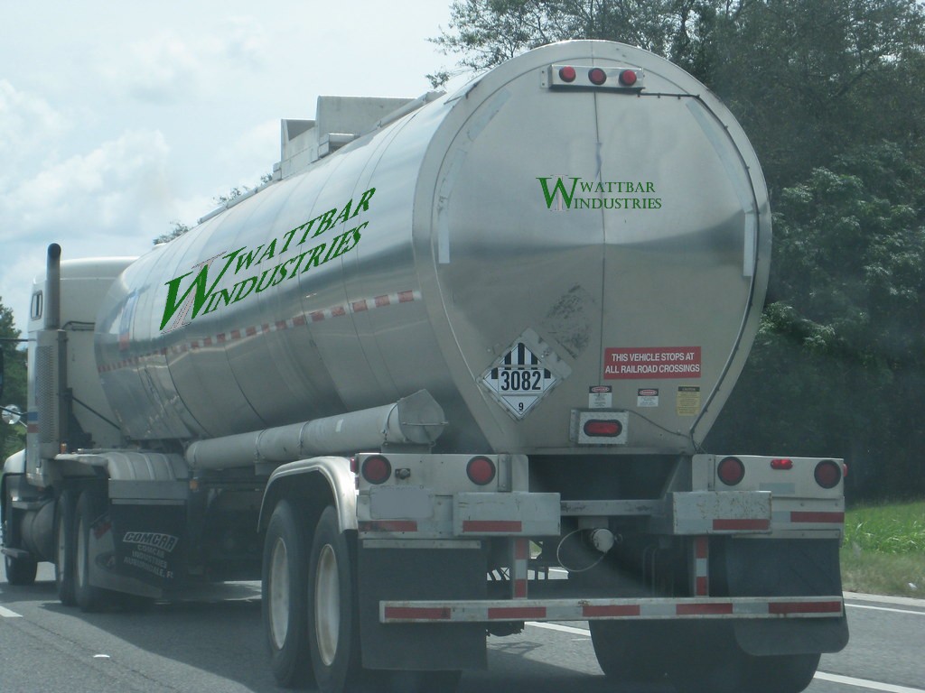 chemical tanker with the words "Wattbar Industries" on the side